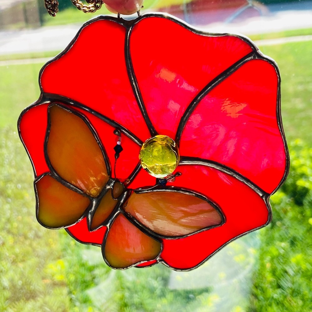 Stained Leaded Glass Butterfly Hibiscus Sun‎ Catcher Hanging Window Art Decor